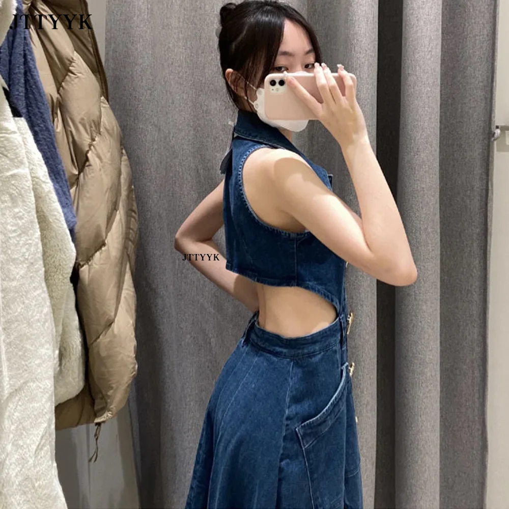 2024 Autumn Summer Ladies Denim Dress Sleeveless Pockets Single Breasted Women Shirt Floor Length Party Beach Sexy Dresses