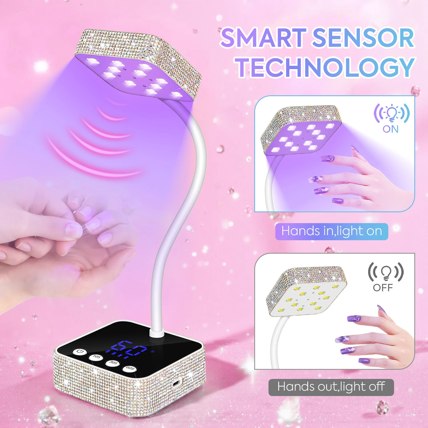 Lampada per unghie ricaricabile a LED UV Lampada polimerizzante senza fili con 360 °   Collo di cigno regolabile e 3 impostazioni timer per unghie in gel