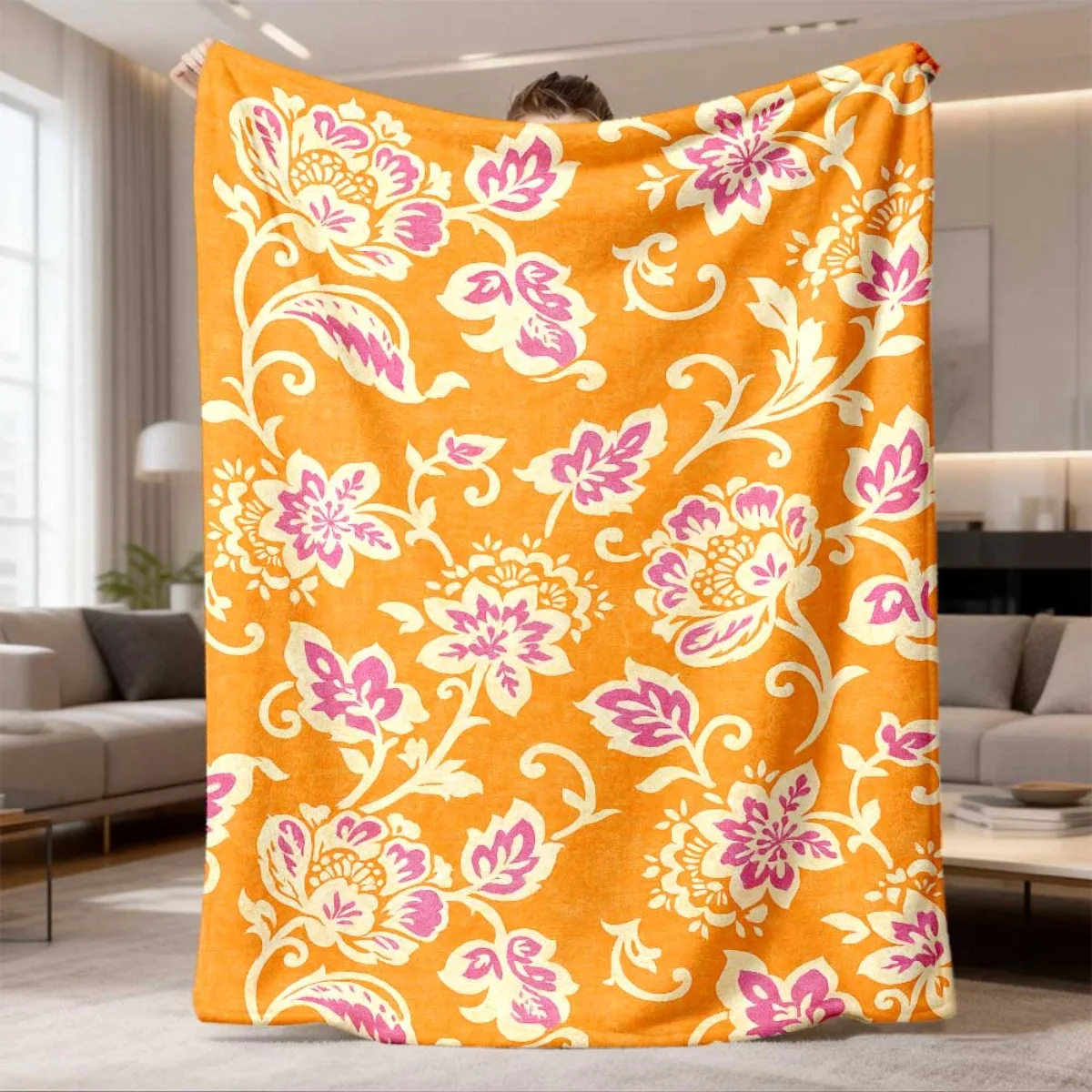 2026 Latest Flannel Blanket Contemporary Orange Floral Print Flannel Blanket Soft Pink Purple Flowers on Vibrant Orange, Durable