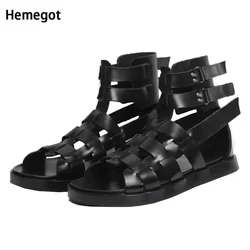 Genuine Leather High-Top Roman Sandals for Men Fashion British Cowhide All-Match Breathable Beach Men's Trendy Shoes