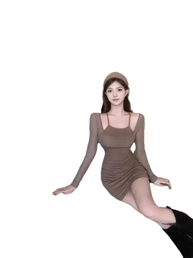 Design sentido falso dois puro desejo picante menina casual estilo esportivo sexy apertado encaixe elástico de manga comprida vestido fino elegante p622