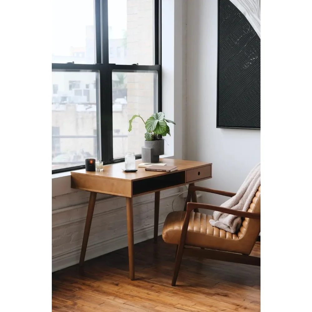 Scrivania contemporanea per ufficio domestico in noce con cucciolo portaoggetti e cassetto compatto per scrivere, computer o laptop