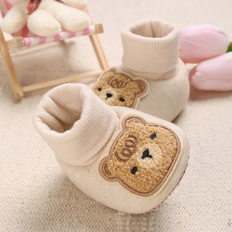 Baby Winter Sock Shoes Cartoon Bear Patch Fleece Lined Cuff Non Slip Soft Sole Infant Newborn Indoor Warm Crib Booties 0-18M view 5