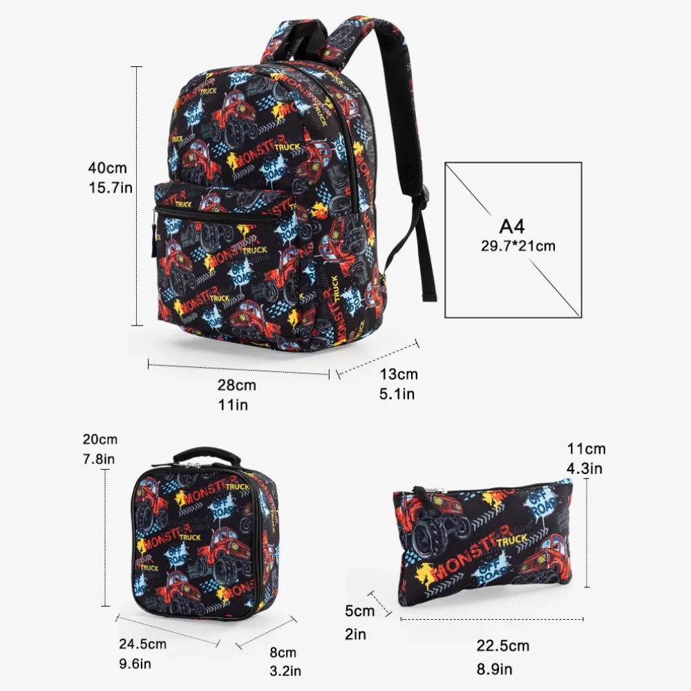 Boys Backpack 3 Piece Set Primary School Student School Bag Insulated Lunch Bag and Pencil Case Car Print