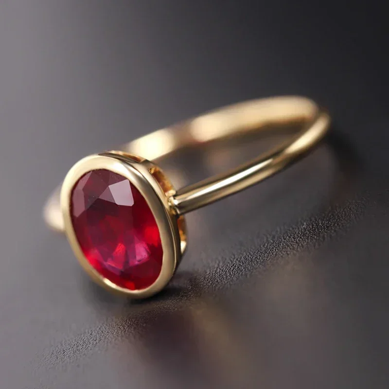 Cincin Rubi Oval klasik untuk wanita, perhiasan perak pertunangan pernikahan sederhana mewah ringan elegan