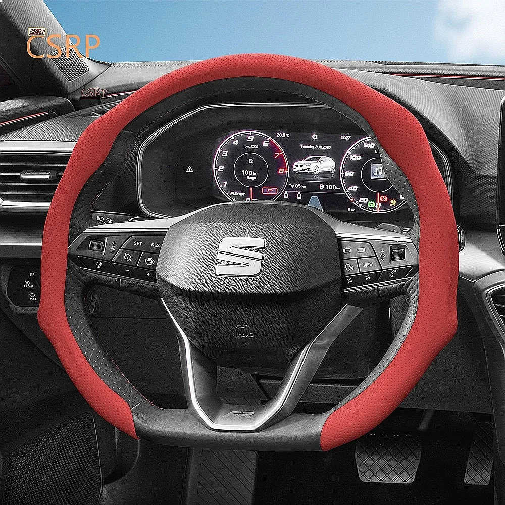 Suitable Breathable Leather Steering Wheel Cover Anti-Slip Sweat-Absorbent Snap-On for Seat Ibiza Arona Leon Ateca