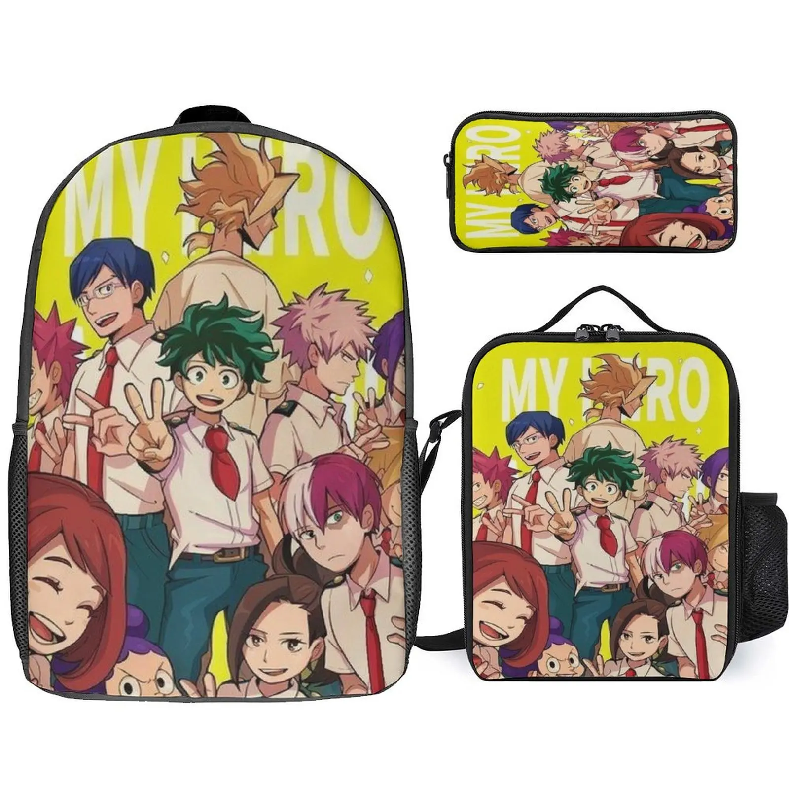 Hero Academy Academic Animation 3d Bag 3-Piece 17-Inch Backpack Heat Preservation Meal Bag Portable Pen Bag Custom Pattern