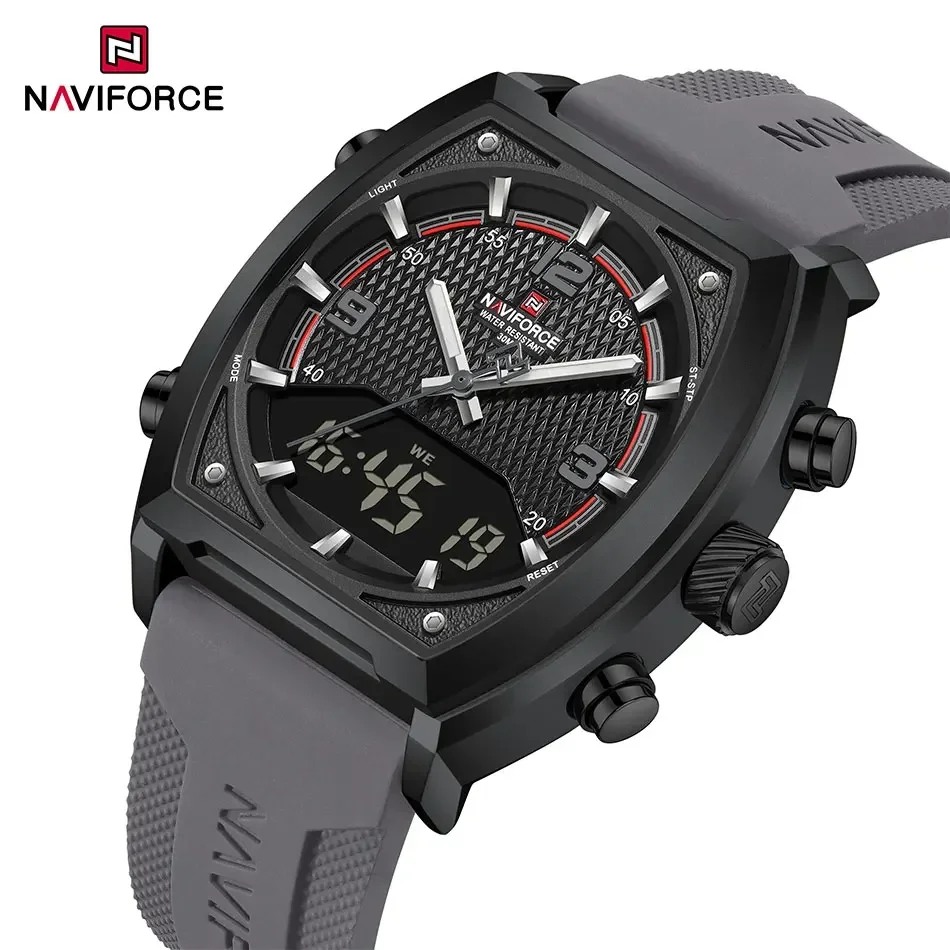 NAVIFORCE NF9242 رجال الأعمال سيليكون حزام ساعة كوارتز الهدايا الرقمية تونيو المزدوج الوقت ساعات المعصم الرياضية