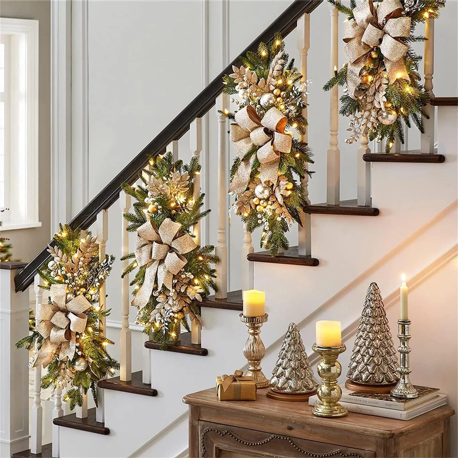 

Christmas Wreaths For Front Door Xmas Stairway Handrail Christmas Decorations Artificial Winter Garland With Bow Stair Railing