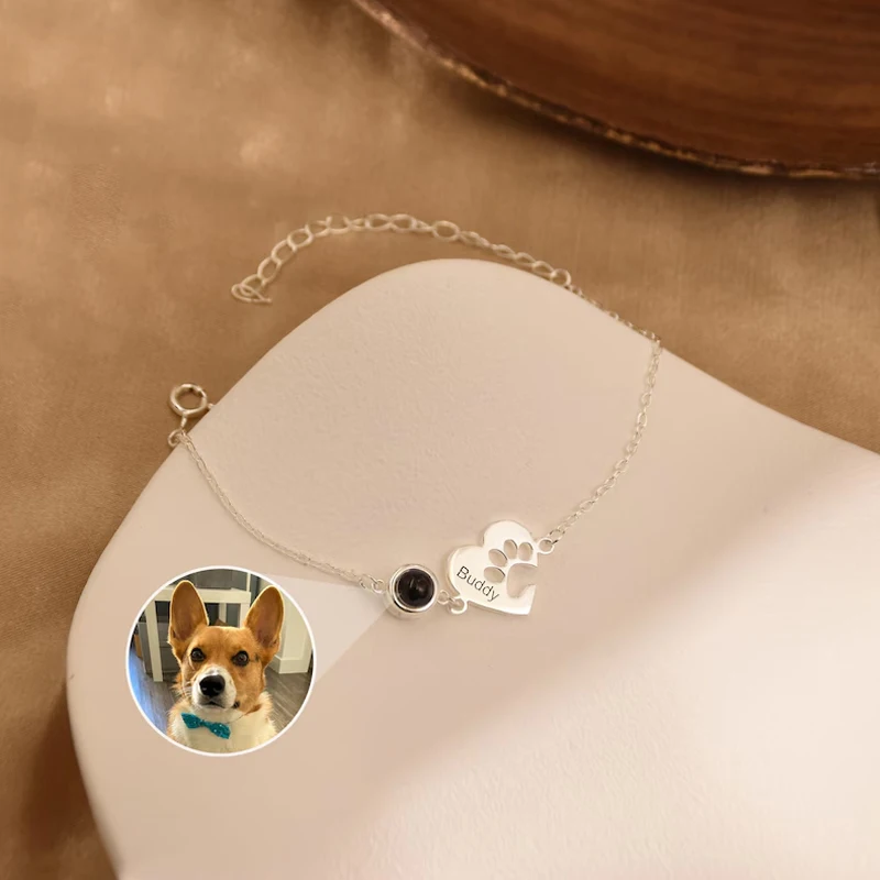 Custom Name Picture Bracelets Personalized Photo Projection Bracelet Engraved Text Dog Cat Paw Pet Bracelet Memorial Gifts