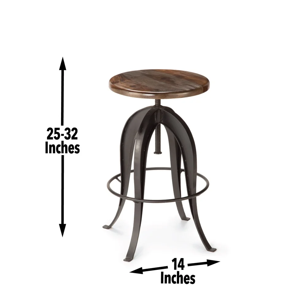 Adjustable Swivel Backless Bar Stool Solid Wood Seat Metal Frame Kitchen Dining Room Pub 32 Inch Height