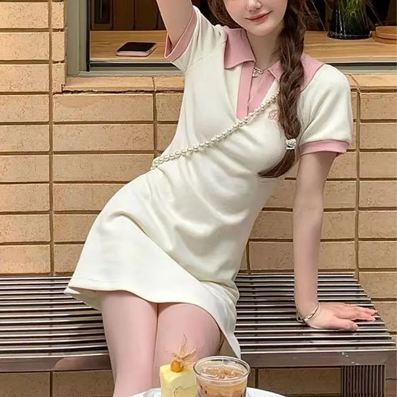 

Women's Clothing Korean Polo-Neck Mini Dress Summer Preppy Style Contrasting Color Fashion A-Line Sweet Short Sleeve Dresses New