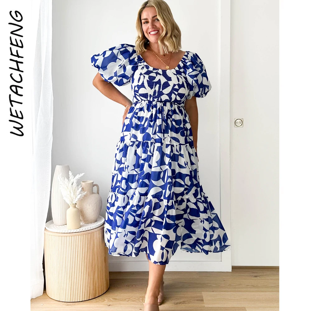 

Blue Sexy Beach Holiday Long Dress Floral Puff Sleeve A-Line Summer Backless High Waist Vestidos Clothes Lady Party Evening Robe