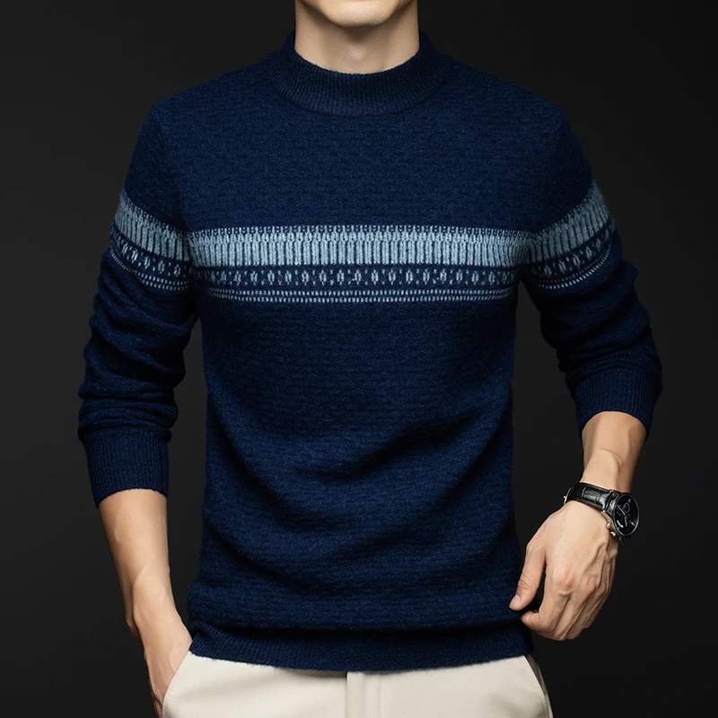 

Джемпер из 100% овечьей шерсти, мужской зимний модный полосатый теплый свитер 2025 года, кашемировая шерстяная одежда с длинными рукавами, пуловеры, топы