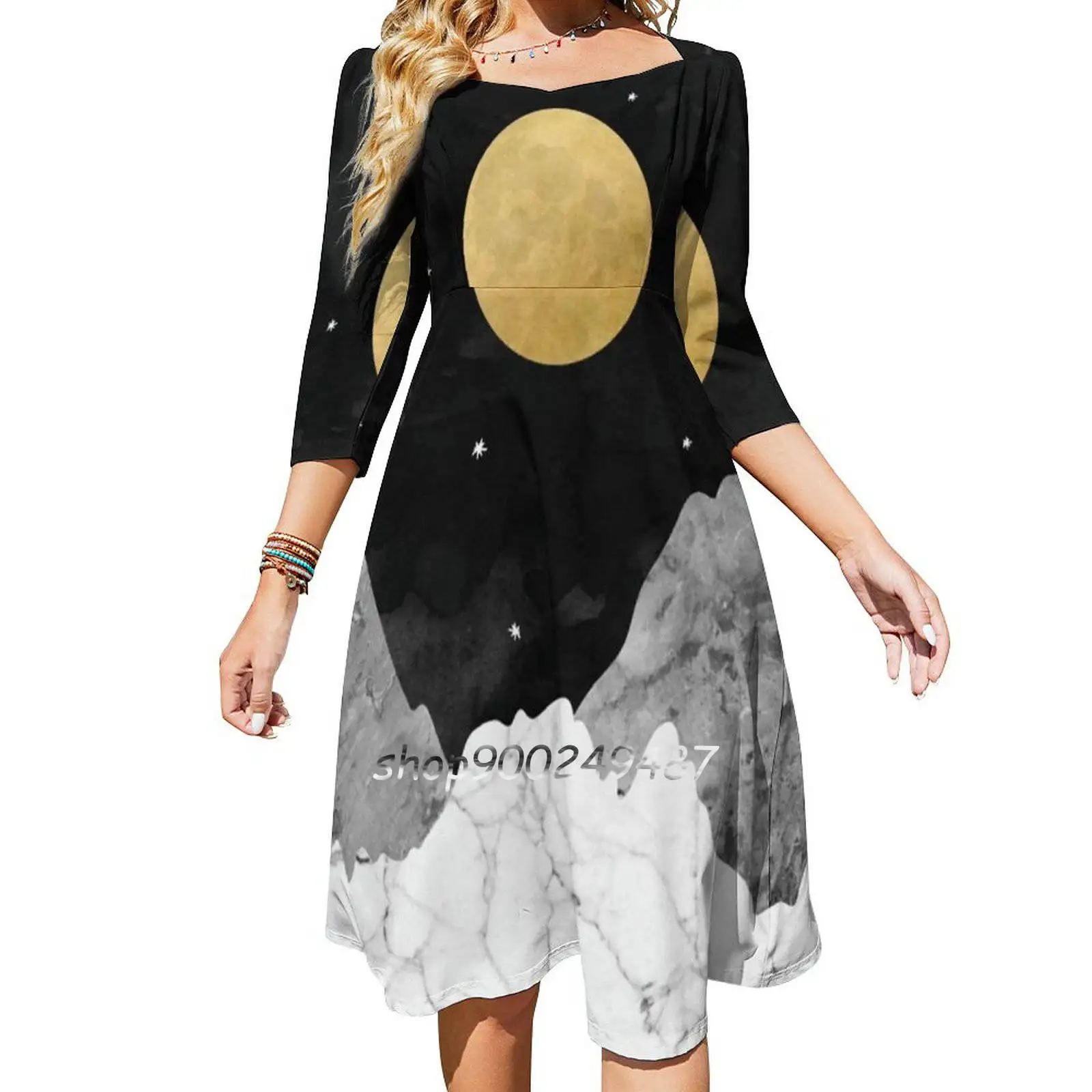 Moon And Stars Evening Party Dresses Midi Sexy Dress Female Sweet One Piece Dress Korean Moon Stars Mountain Peaks Marble