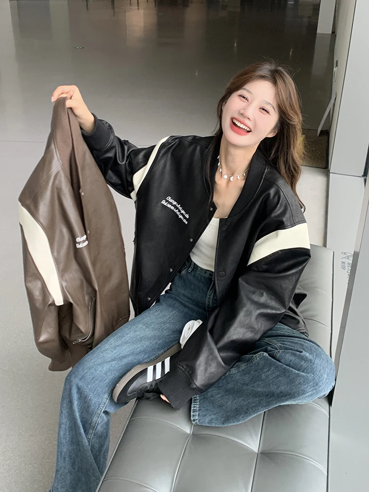 Baseballjacken Leder Damenmode Ärmel Softshell-Taschen Retro Langarm Kpop Life Fishbone Prints Beflockung Fleeced