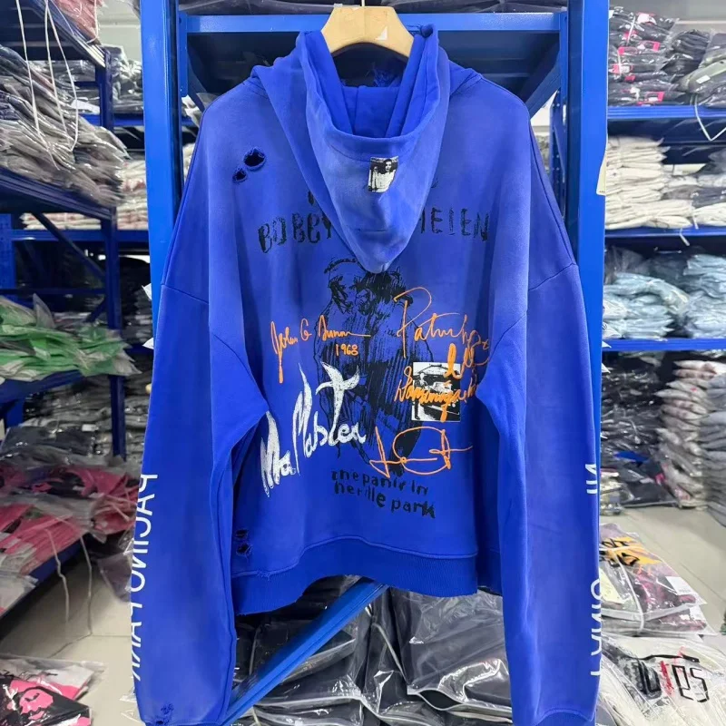 Graffiti Print Hoodie Men Blue Distressed Ripped Washed Butterfly Letter Frayed Pullover Y2K Autumn Winter Top