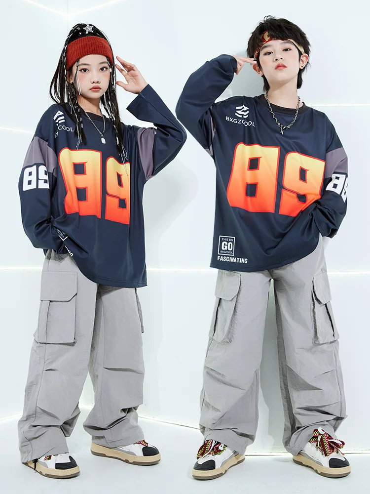 Children Boys Girls Stage Fashion Show Hip Hop Jazz Dance Costumes Kids Long Sleeve Tshirt Cargo Pants Sets Tracksuit Trouser