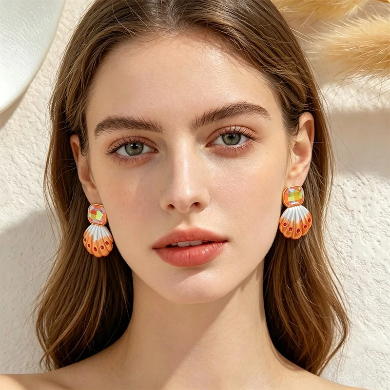 PRISCA | Blue Shell Shape Earring Stainless Steel Women Girl Vacation Chic Jewelry New Fashion Cute Accessories