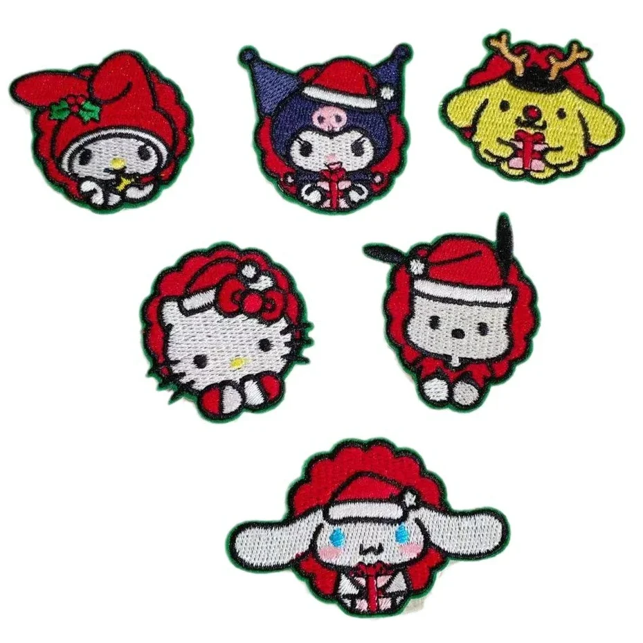 6pcs Christmas Sanrios Cartoon Iron on Clothes Badge Hello Kitty Kuromi Cinnamoroll Kawaii Diy Bag Embroidered Badge Stickers