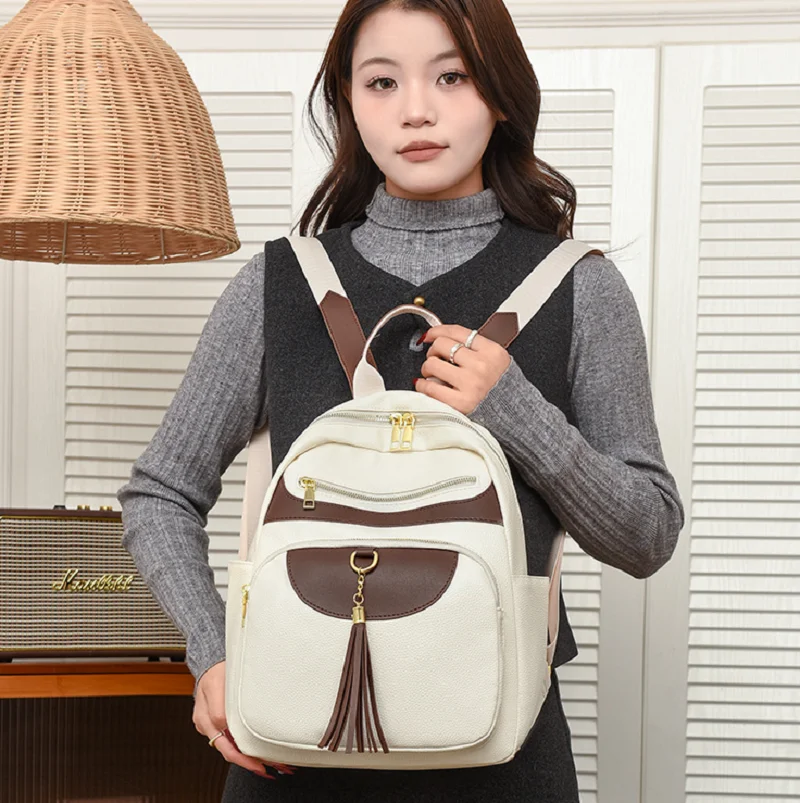 2026 New Korean Fashion Tassels Soft Leather Travel Backpacks Women's High Capacity Casual Shoulder Bags Totes Laptop School Bag
