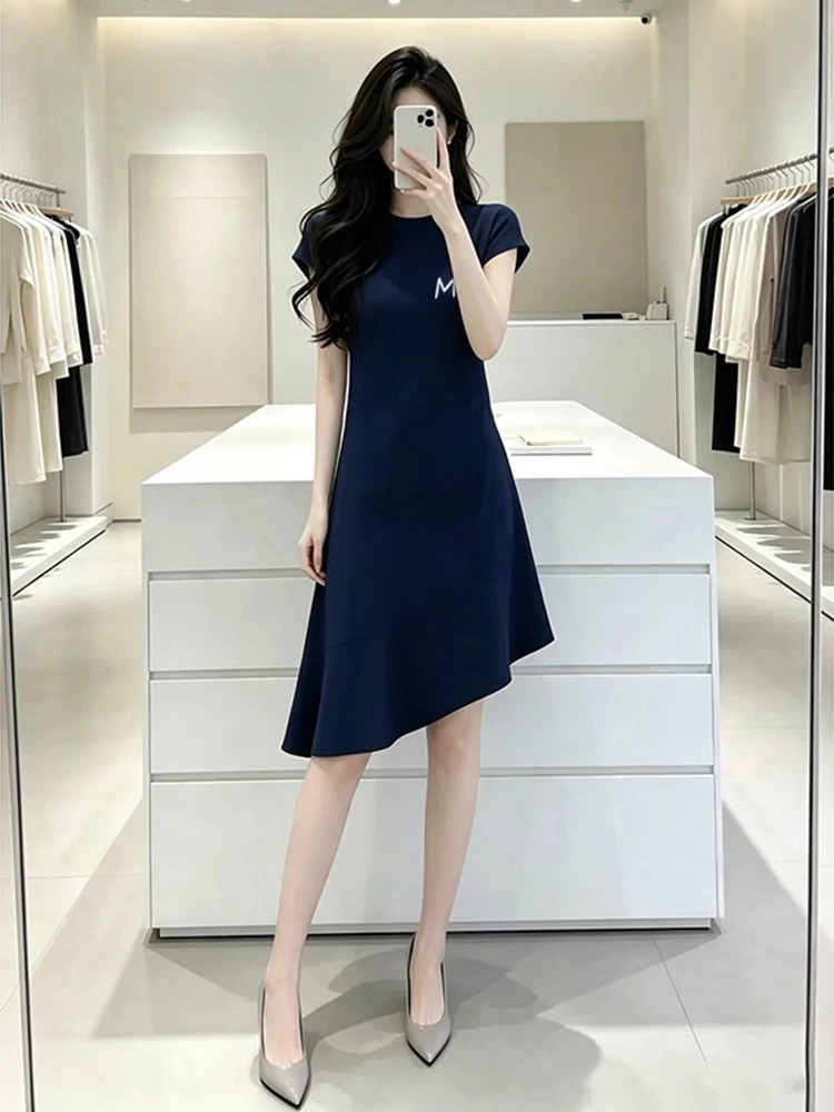 French Style Cotton Blend Short Sleeve T-Shirt Dress Midi Length Splice Hem Casual Loose Fit A-Line Skirt Summer Dress