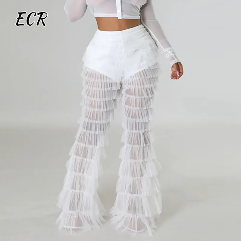 ECR Streetwear Patchwork Sheer Mesh Pants For Women High Wiast Solid Casual Loose Wide Leg Trousers Female Fashion Clothing New