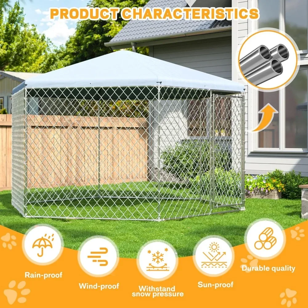 13.3x13.3x8.8 FT Large Dog Kennel Outside with Roof,Outdoor Dog Kennel with Metal Gate,Heavy Duty Dog Kennel with Lock for