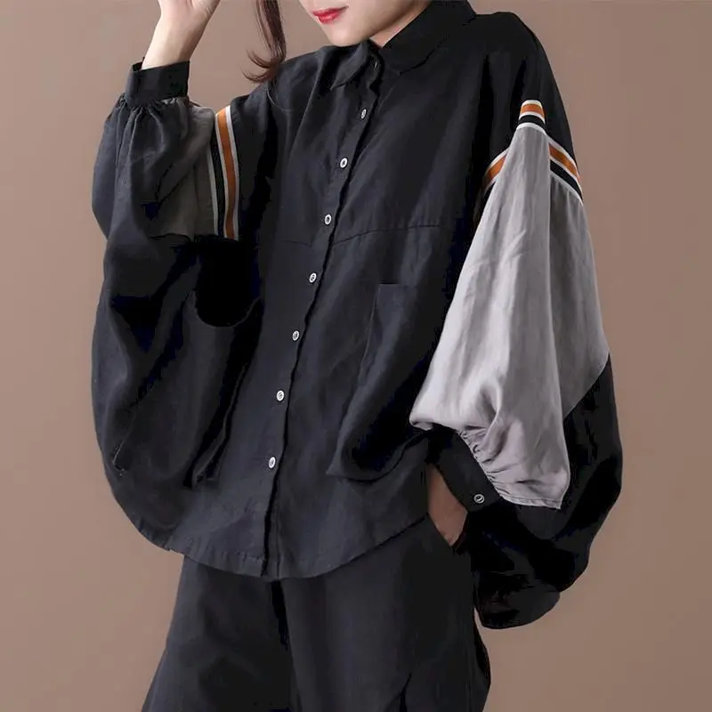 

Extra-large Size Blouses Women Fashion Shirts Long Sleeve Spring Autumn Korean Loose Tops Literary Bat Sleeve Cotton Linen Shirt