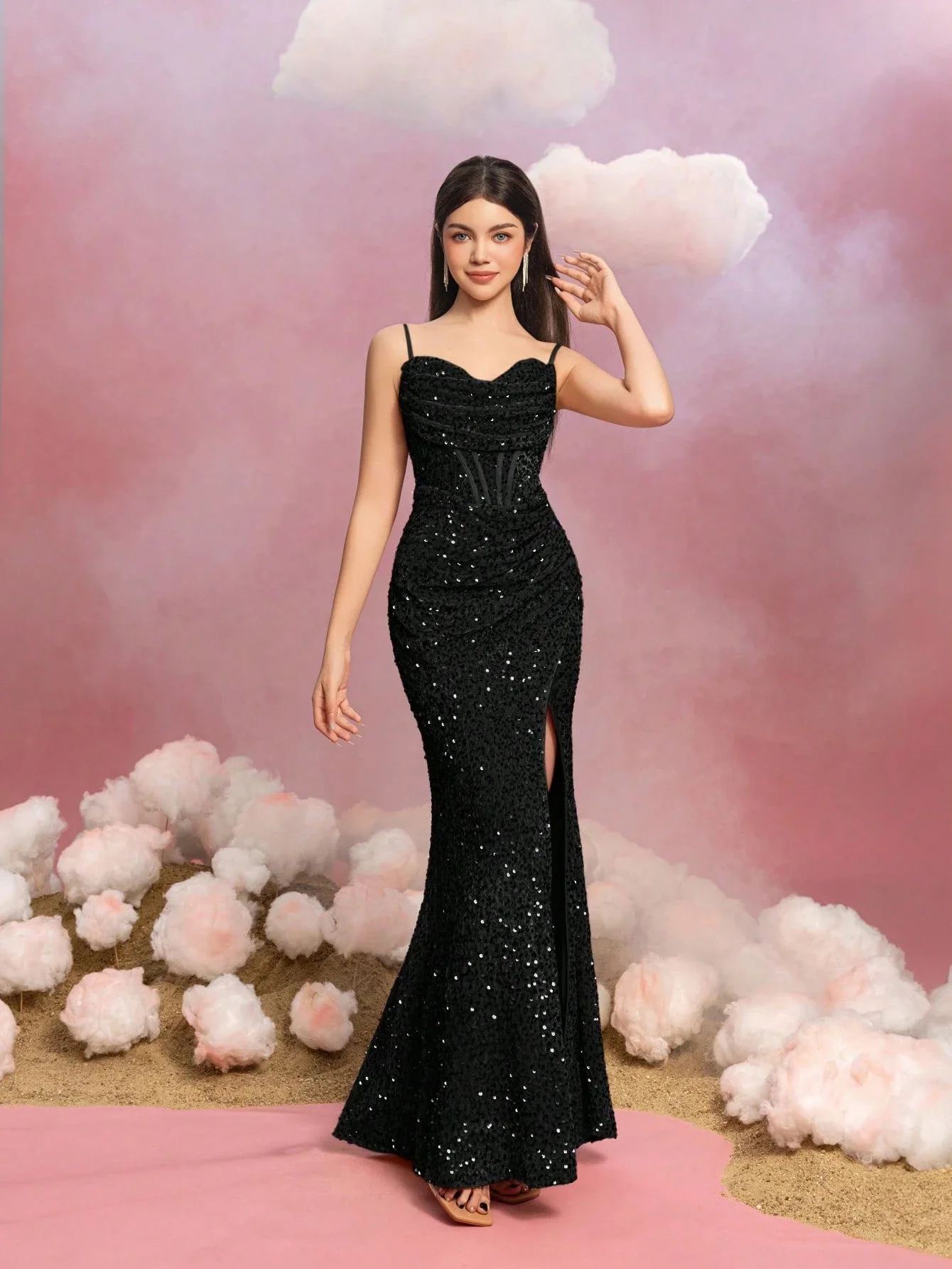 

Sparkly Black Evening Gown With Slim Straps High Slit Mermaid Silhouette Formal Dress