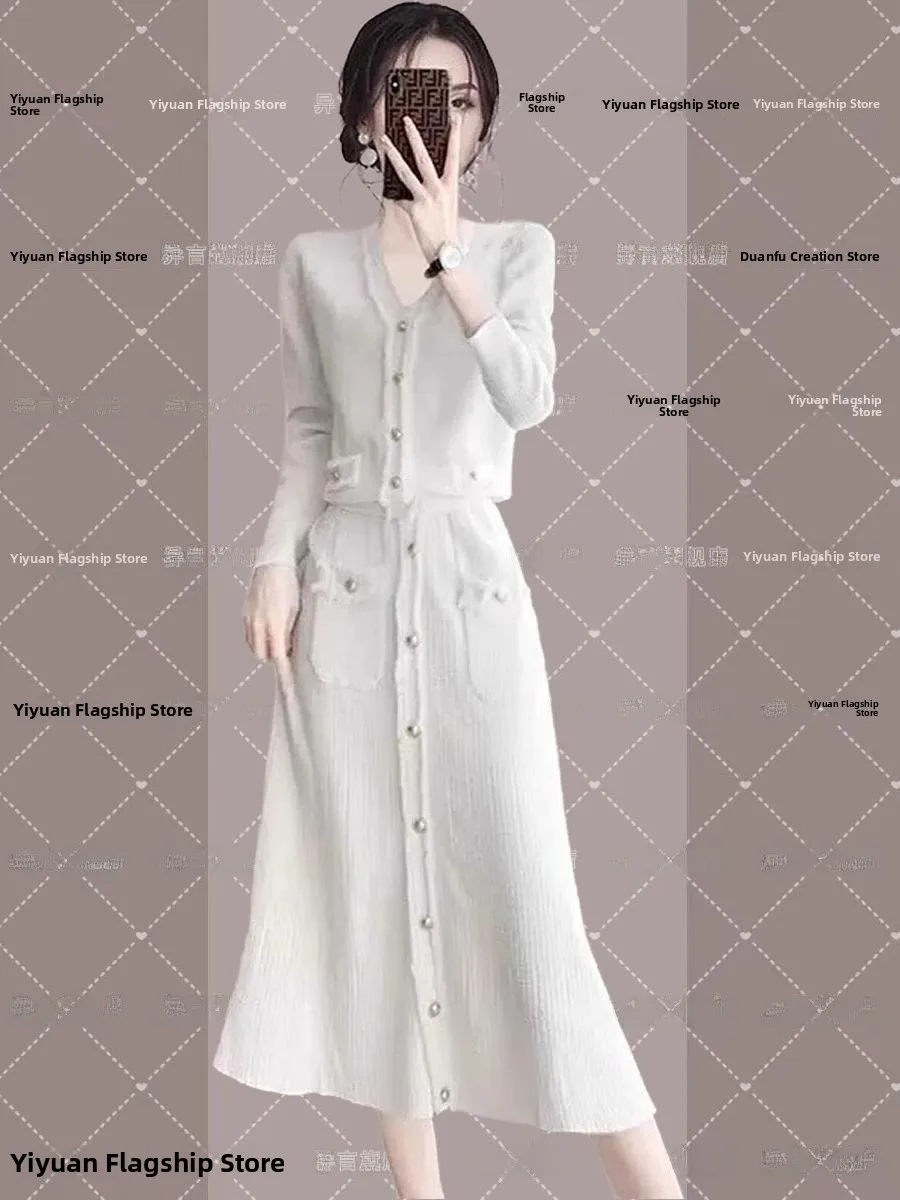 

Осенне-зимний вязаный свитер-платье для женщин: модный комплект с длинным рукавом, V-образным вырезом, миди-платье, элегантный, для повседневной носки