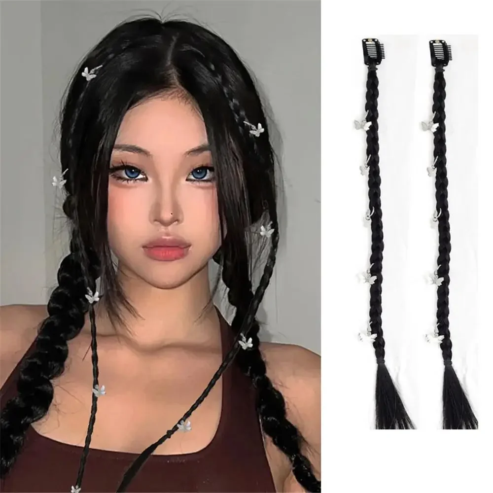 2Pcs Colorful Ribbon Braid Ponytail Clip-on Wig Sweet Cool Boxing Tied Hair Bow Twist Braided Hair Extension