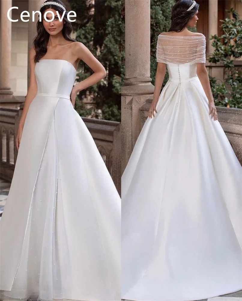 

Cenove White Strapless Prom Dress Floor Length With Short Sleeves Evening Summer Party Dress For Women2023