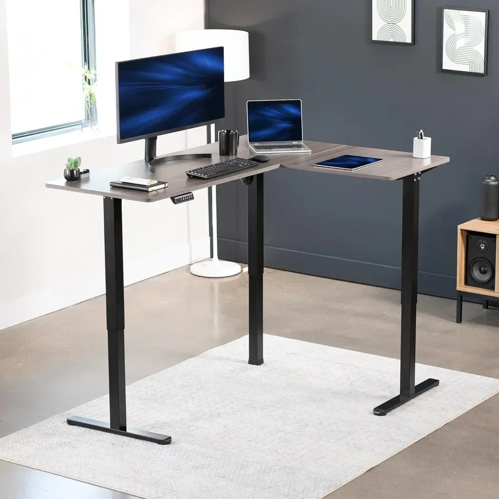 Electric Height Adjustable 55 x 63 inch Corner Stand Up Desk, Black Table Top, Black Frame, L-Shaped Standing Workstation,