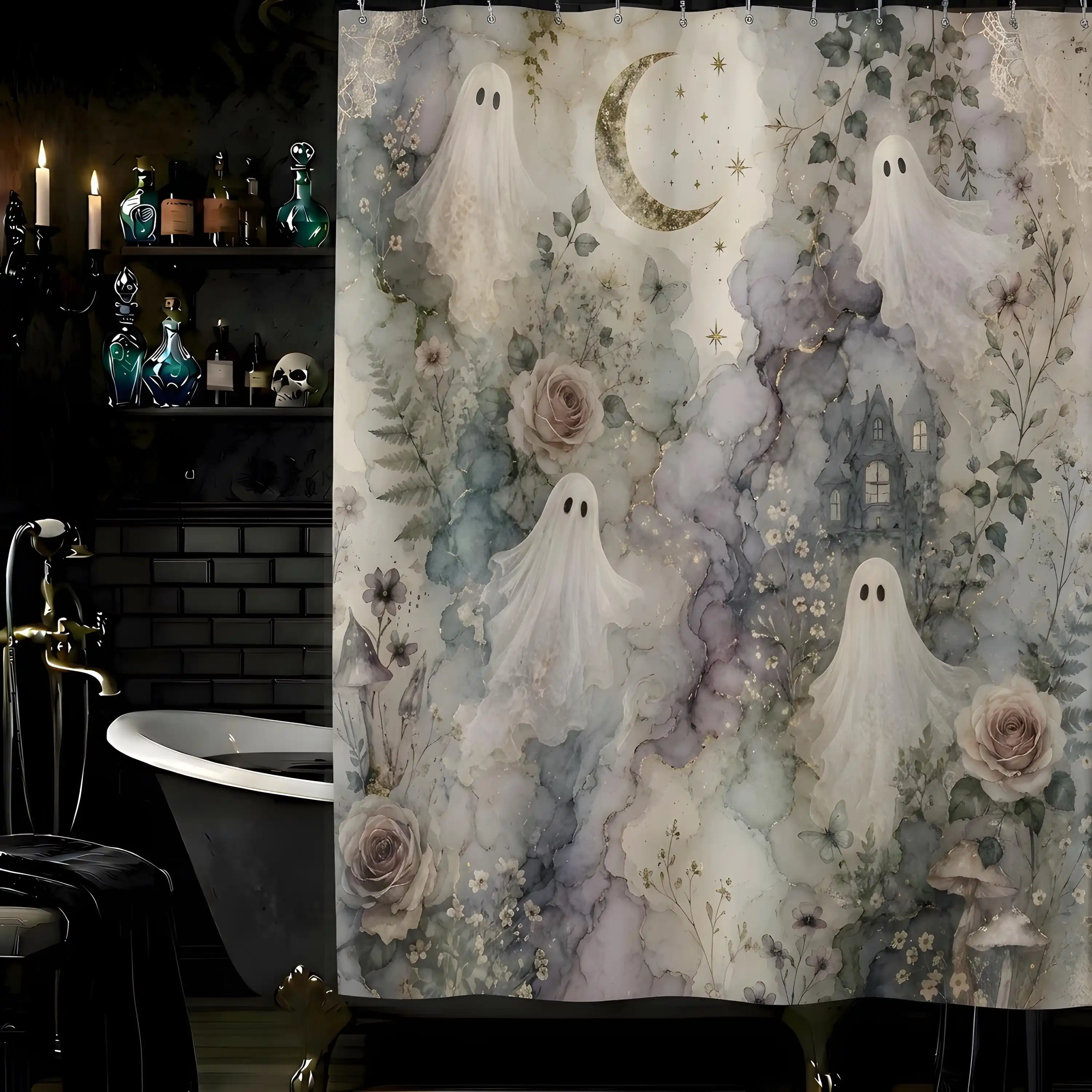 Spooky Ghostly Victorian Floral Bathroom Shower Curtain Halloween Gothic Cottagecore Aesthetic Decor