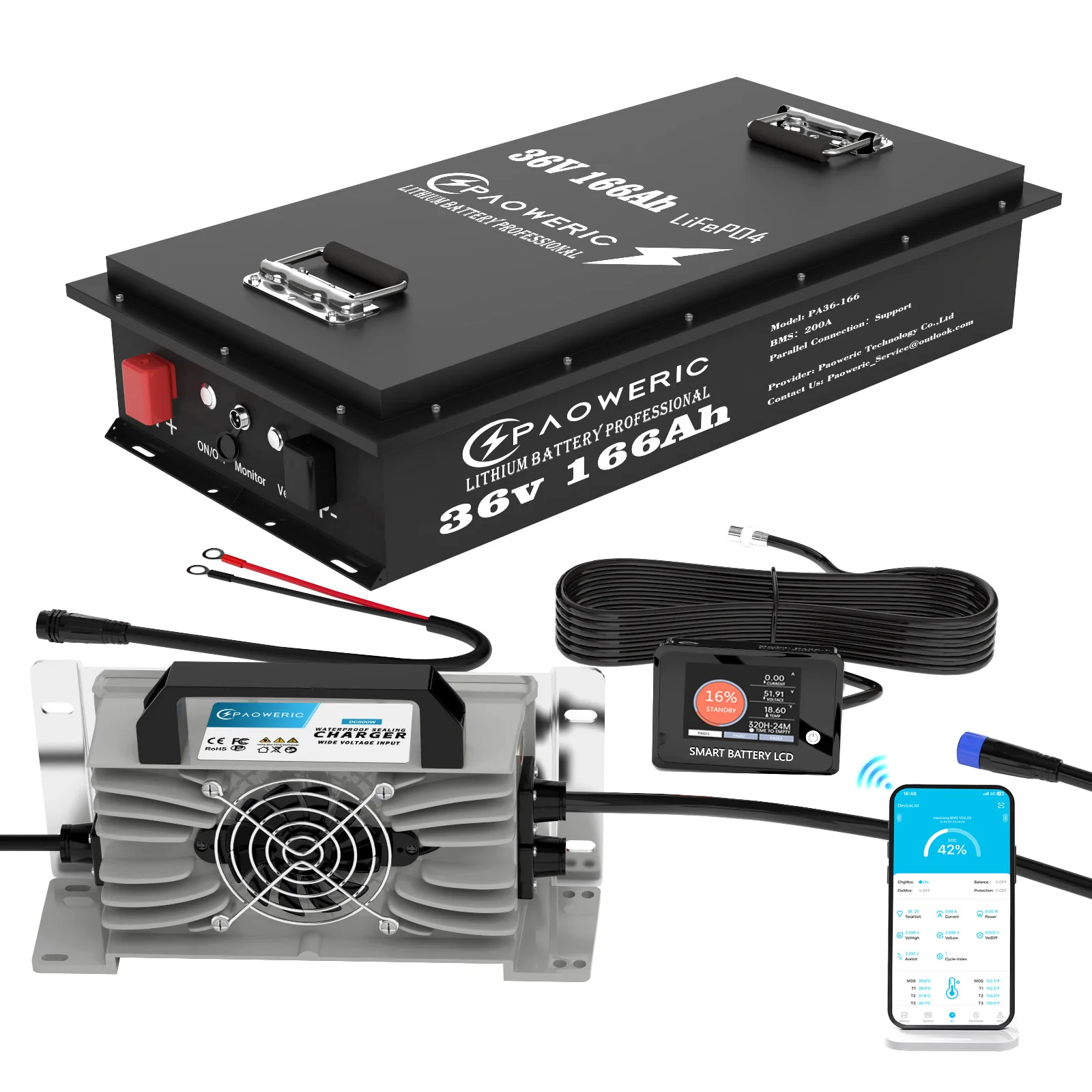 

36V 166Ah Golf Cart Lithium LiFePO4 Battery with Charger and 200A BMS Grade A Cells Deep Cycle Rechargeable Battery,10000+ Cycles,Perfect for Golf Cart,Off Grid Applications
