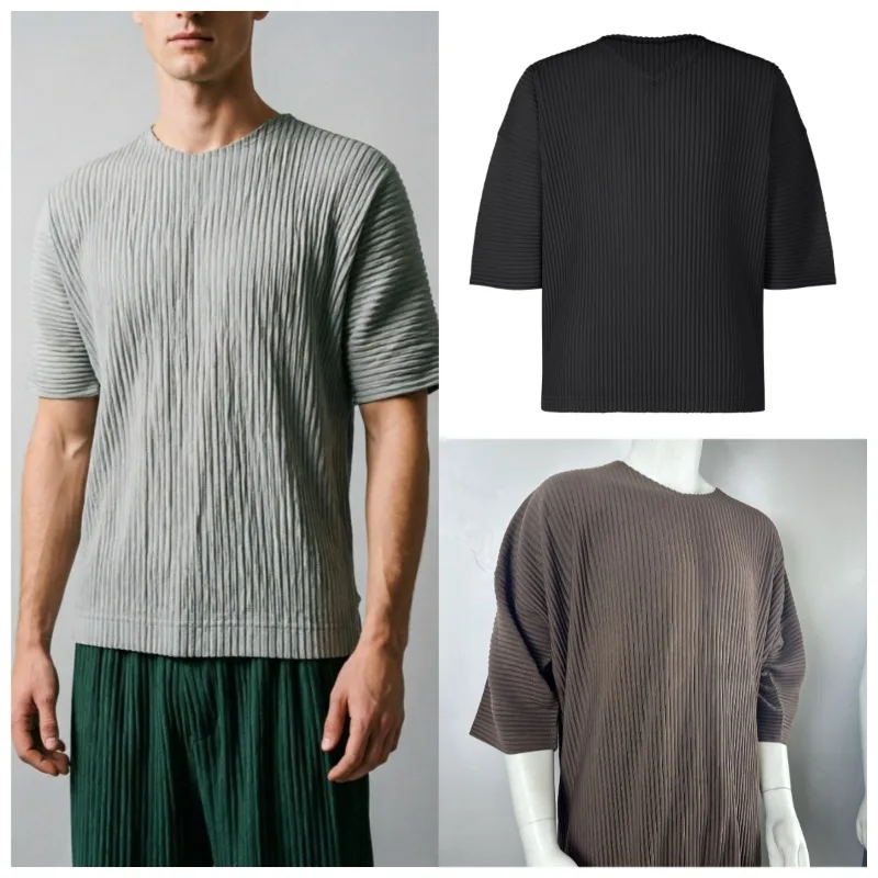 Miyake Pleated T-Shirt Plisse 2026 Autumn New Round Neck Casual Fold T-Shirt Loose Plus Size Fashion Pleats Top Men Clothing