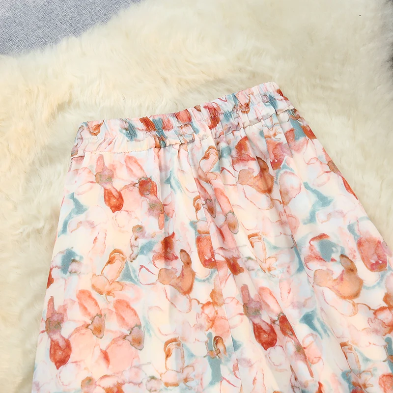 Seoulish-faldas florales de gasa para mujer, faldas de línea a de longitud media con estampado de pintura al óleo, cintura elástica, novedad de verano, 2024