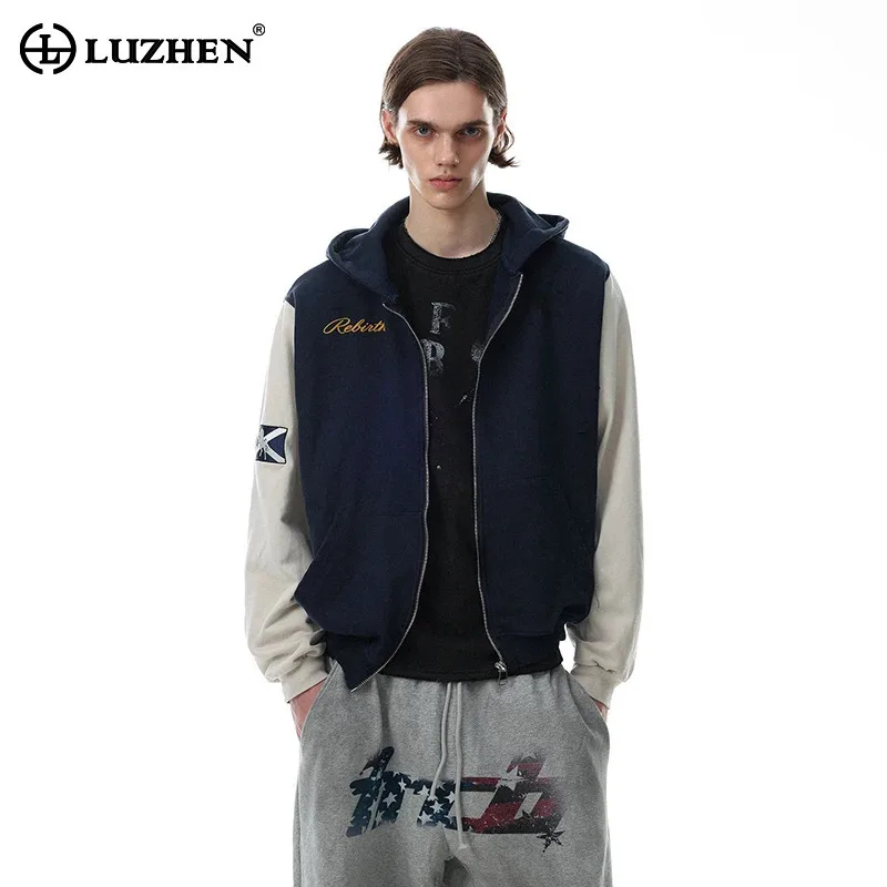 LUZHEN 2026 Jaqueta com Capuz de Manga Longa com Estampa de Letras e Recortes, Moda Masculina, Moletom Casual Elegante JY9034