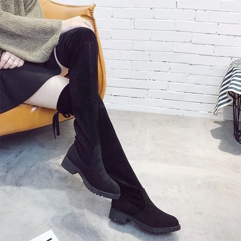 Autumn Faux Suede Women Heels Zipper Elastic Knee High Boots Women Tube Lace-up Thigh Gigh Boots Black Botas Mujer Female