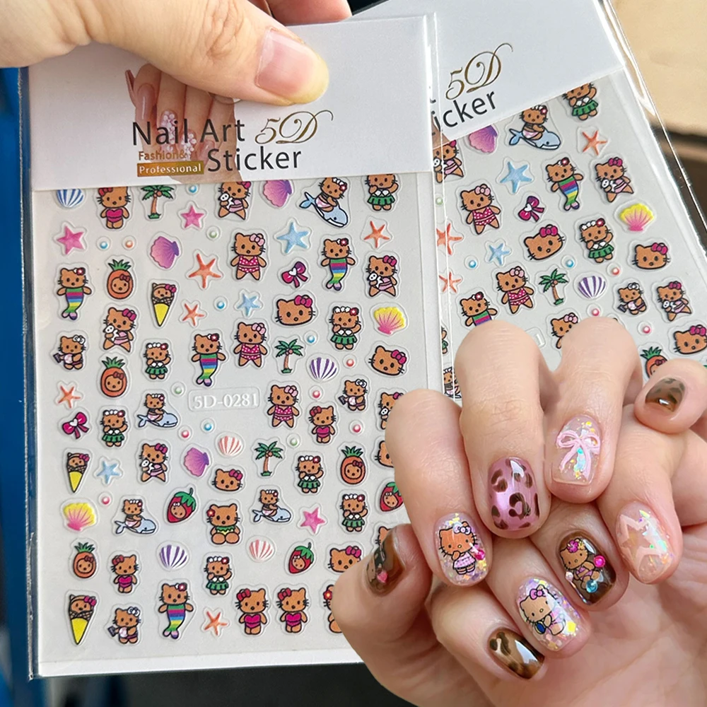

1Pcs 5D Tanning Bikini Hello Kitty Nail Art Stickers Kawaii Hawaii Mermaid Hello Kitty Decals Coconut Tree KT Cat Manicure Decor