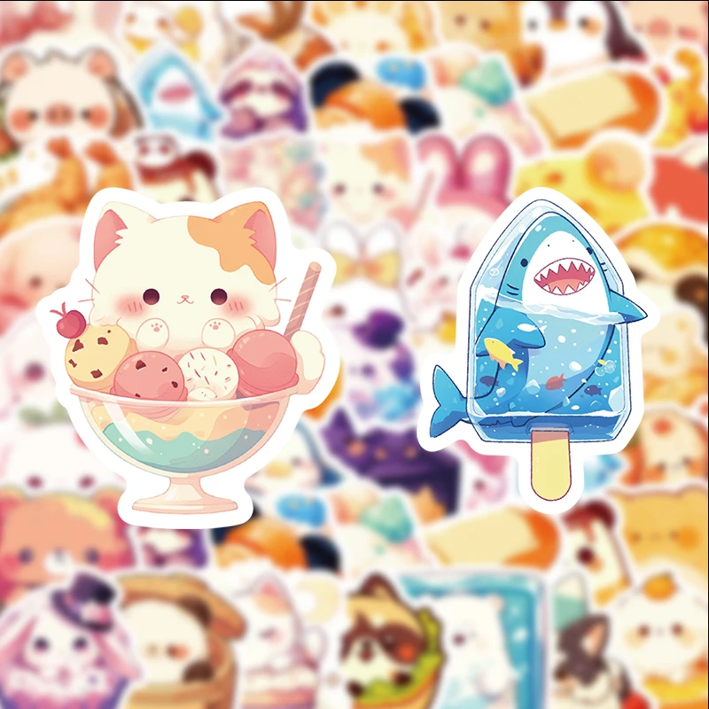 50 Cute Food and Pet Stickers, Suitable for Diaries, Laptops, Car Bumpers, Skateboards, Water Bottles, Computers, Phone Decorations, Etc