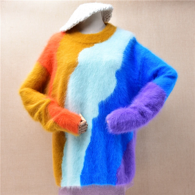 Autumn Winter Clothes Woman Fashion Colored Hairy Angora Rabbit Hair Knitted Jersey O-Neck Long Sleeves Loose Pullover Sweater