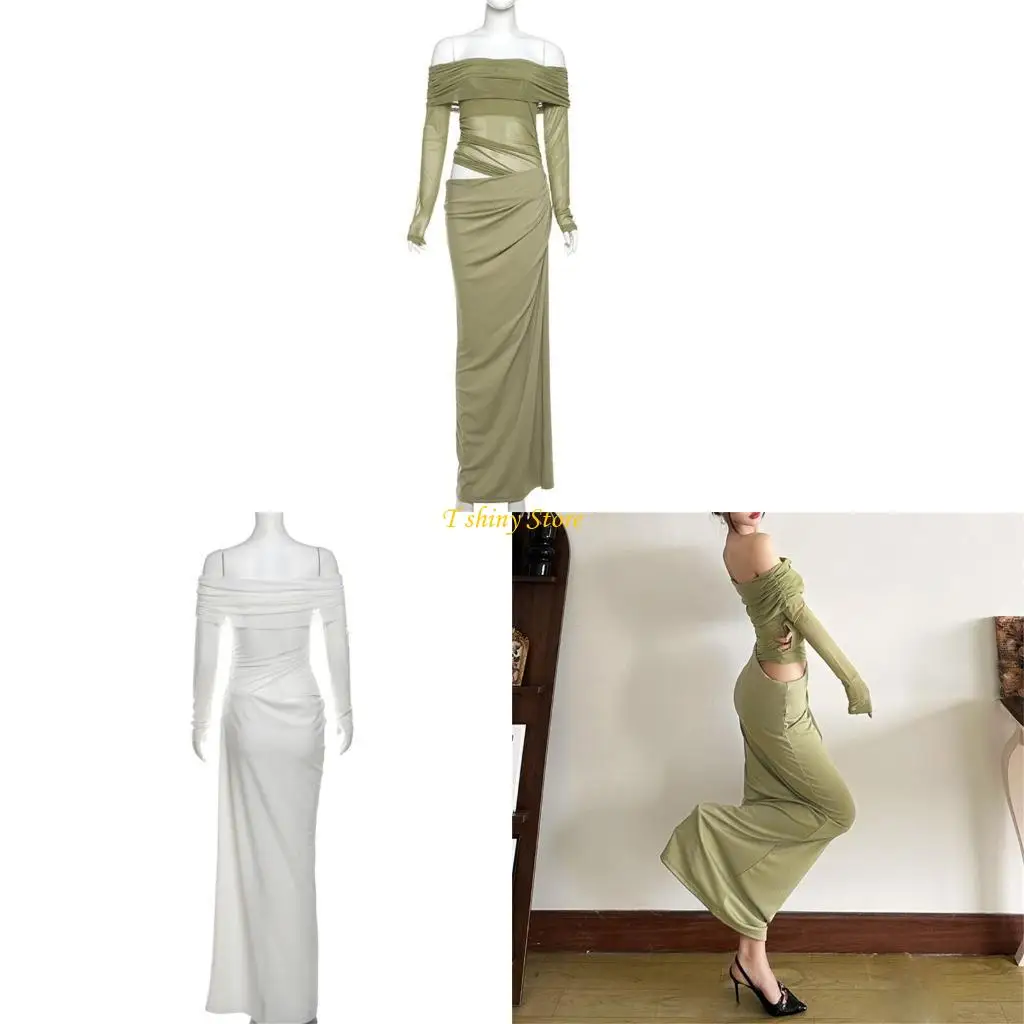 n58f 여자의 긴 소매 오프 어깨 ruched sheer mesh maxi dress for Evening Party