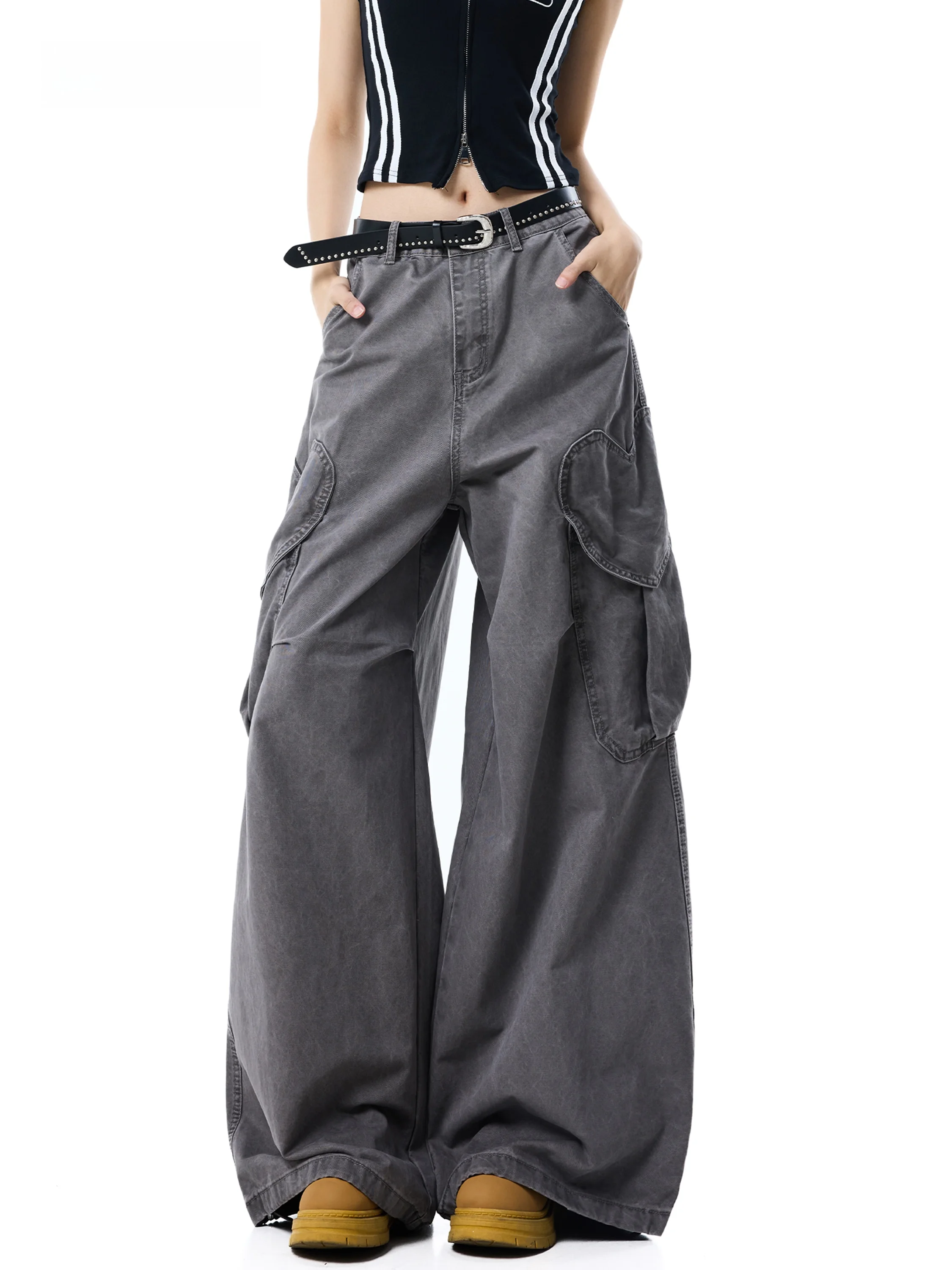 American High Street Workwear Denim Pants Women's Autumn High Waist Wide Leg Multi Pocket Slimming Floor-Length Trousers