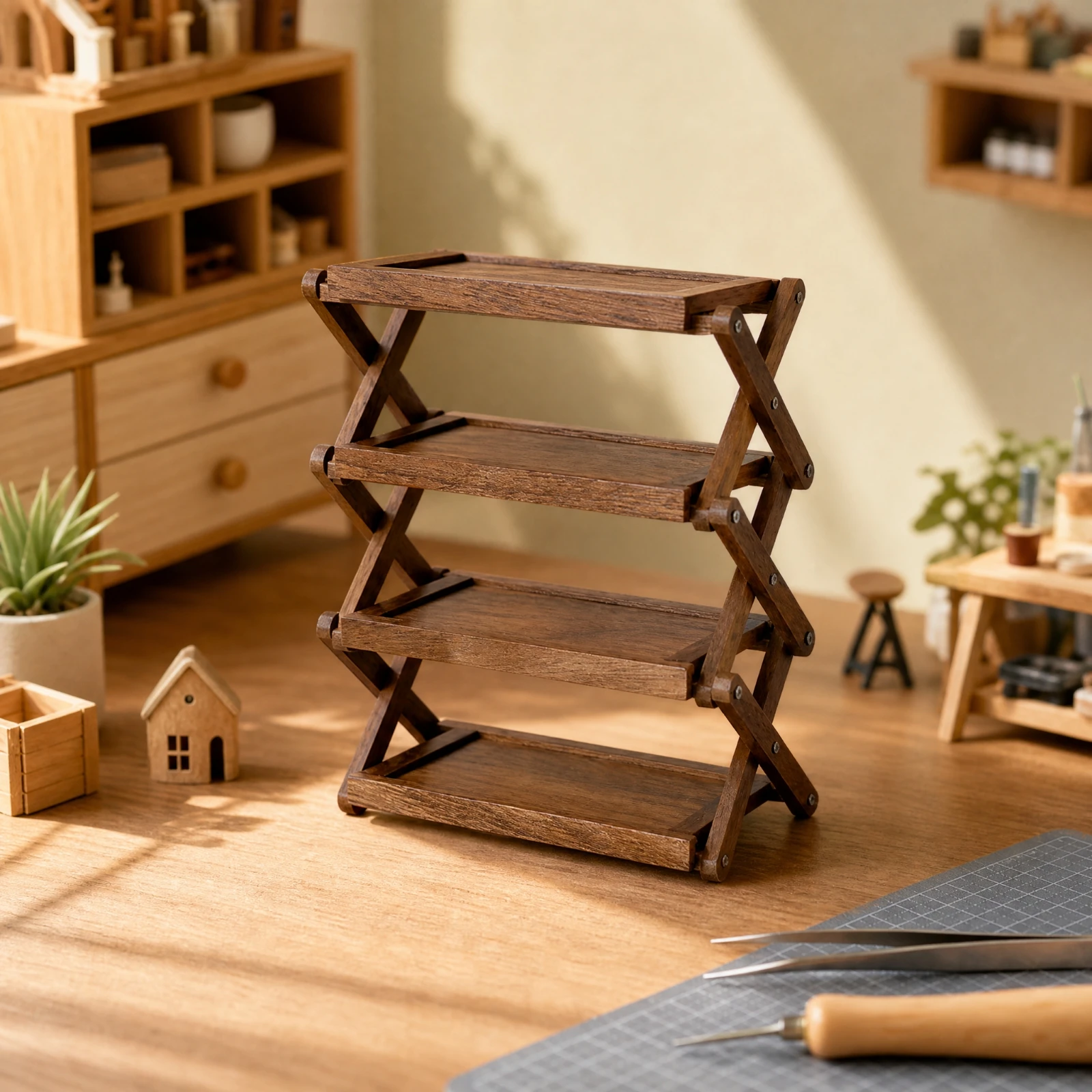 Miniature Wooden Folding Rack Versatile Foldable Dollhouse Shelf with Cross-Frame Four-Tier Miniature Shelf Realistic 1:12 Scale