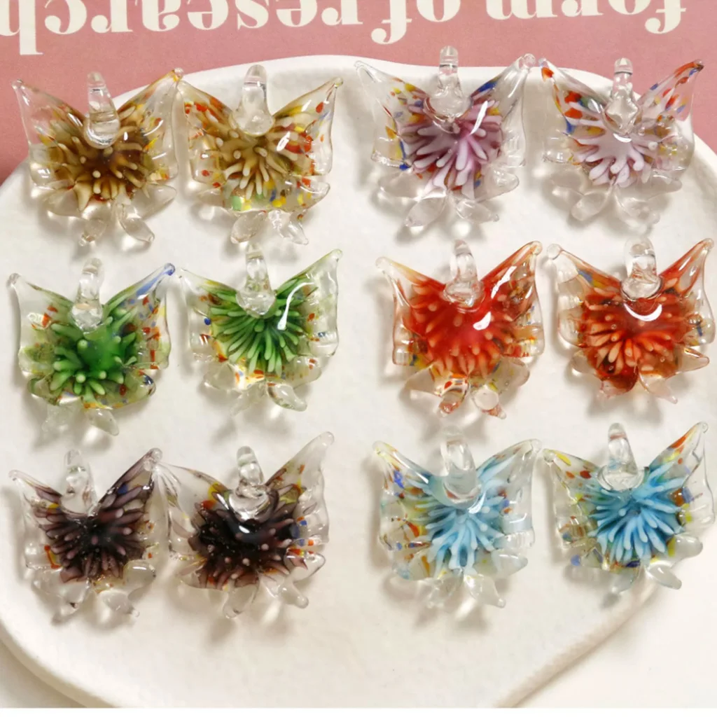 6PCS 29x29mm Murano Lampwork Glass Summer Beach Starfish Butterfly Pendant Necklace For Women Gift Sands Mix Color Jewelry