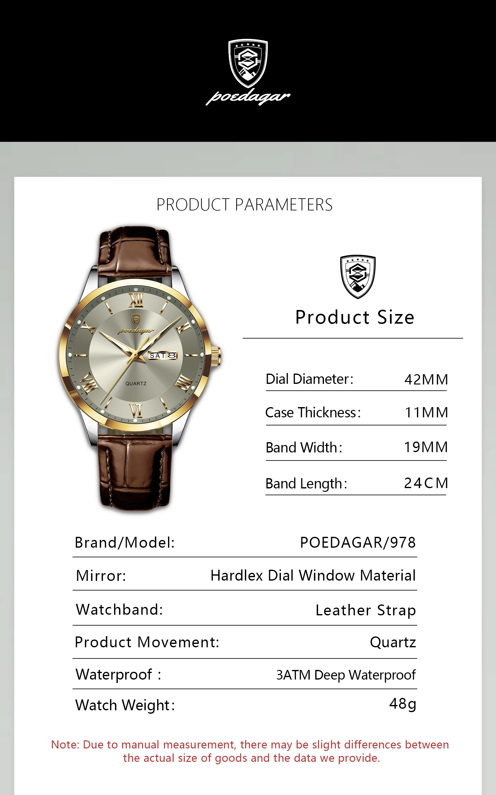 POEDAGAR Original Mode Uhr Für Mann Leder Datum Woche Quarz Männer Uhr Wasserdicht Leucht Business herren Uhren Männlich Reloj – Detail 8