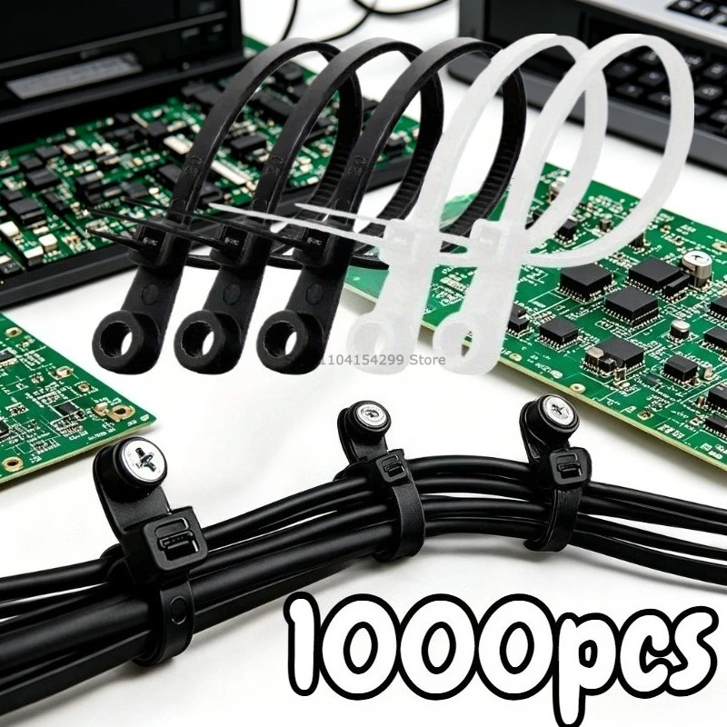 100-1000PCS Screw Hole Cable Ties Nylon Cable Ties Reusable Fixed Self-locking Cord Ties Straps Fastening Loop Office Organizer