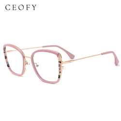 Ceofy Acetate Metal Women Cat Eye Eyeglasses Frame Pink Fashion Retro Myopia Optical Prescription Glasses Frame HIgh Quality